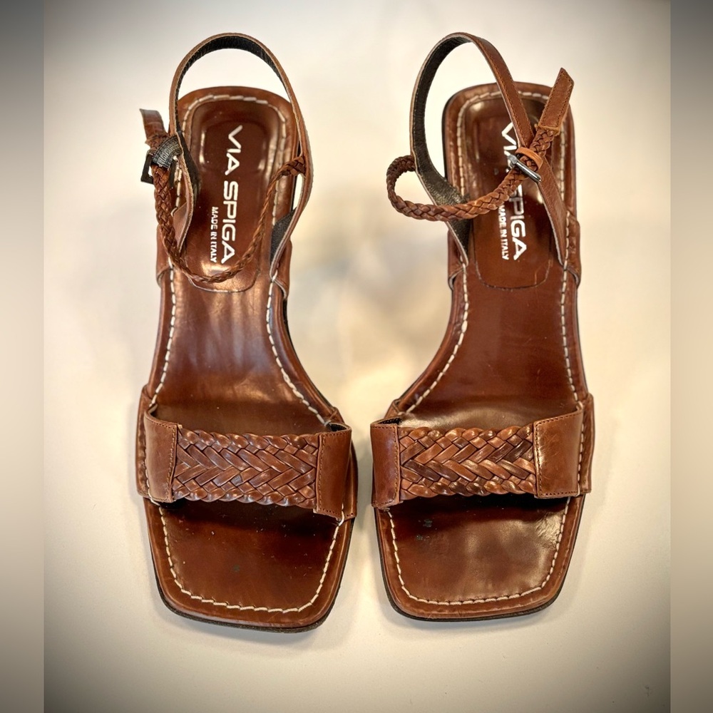 2/$100 VIA SPIGA vintage Dark Brown Heeled Sandals, braided leather details - Picture 2 of 10